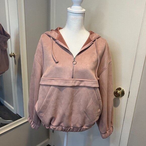 Zara Pink Vegan Suede Half Zipper Soft Sweatshirt Hoodie, Size XS - Picture 2 of 16